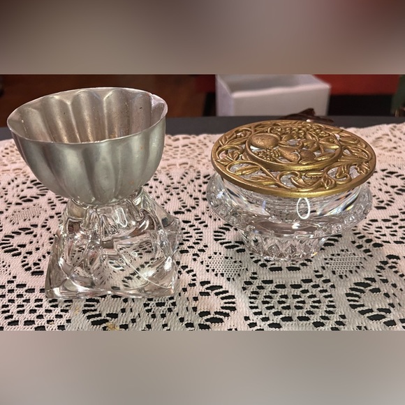 Vintage mismatched crystal taper candlestick holders brass topper & jello mold - Picture 3 of 15